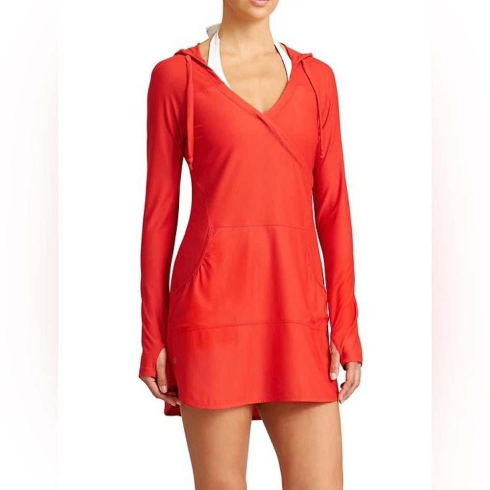 Athleta Wick-It Wader Coral-Red Hooded V-Neck Swim Tunic, UPF 50, Breathable, S